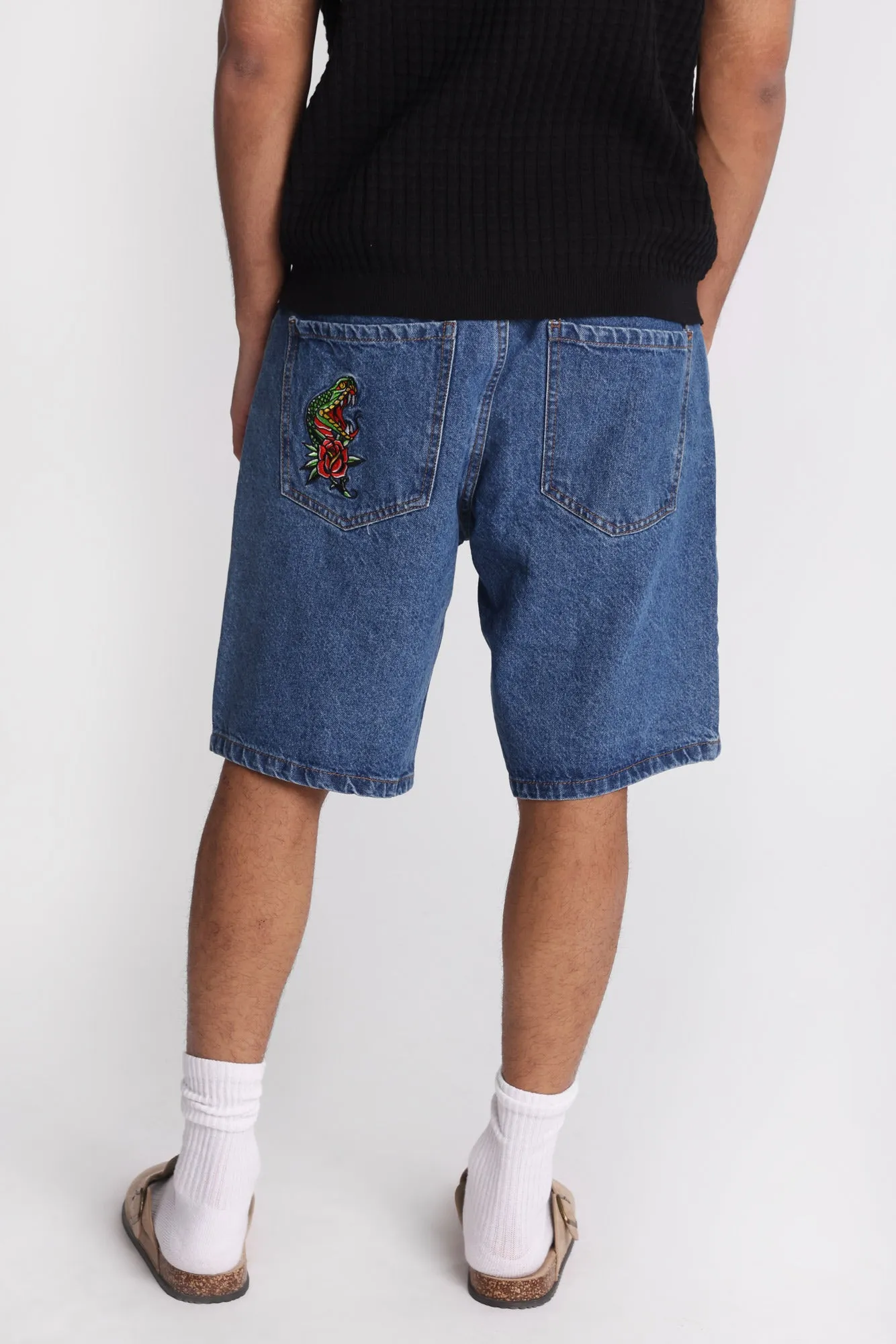 Snake & Rose Embroidered Loose Denim Shorts sold by Bluenotes product image thumbnail 4
