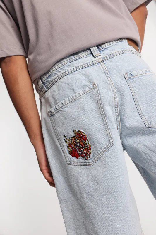 Flaming Tiger Embroidered Loose Denim Shorts made by Bluenotes