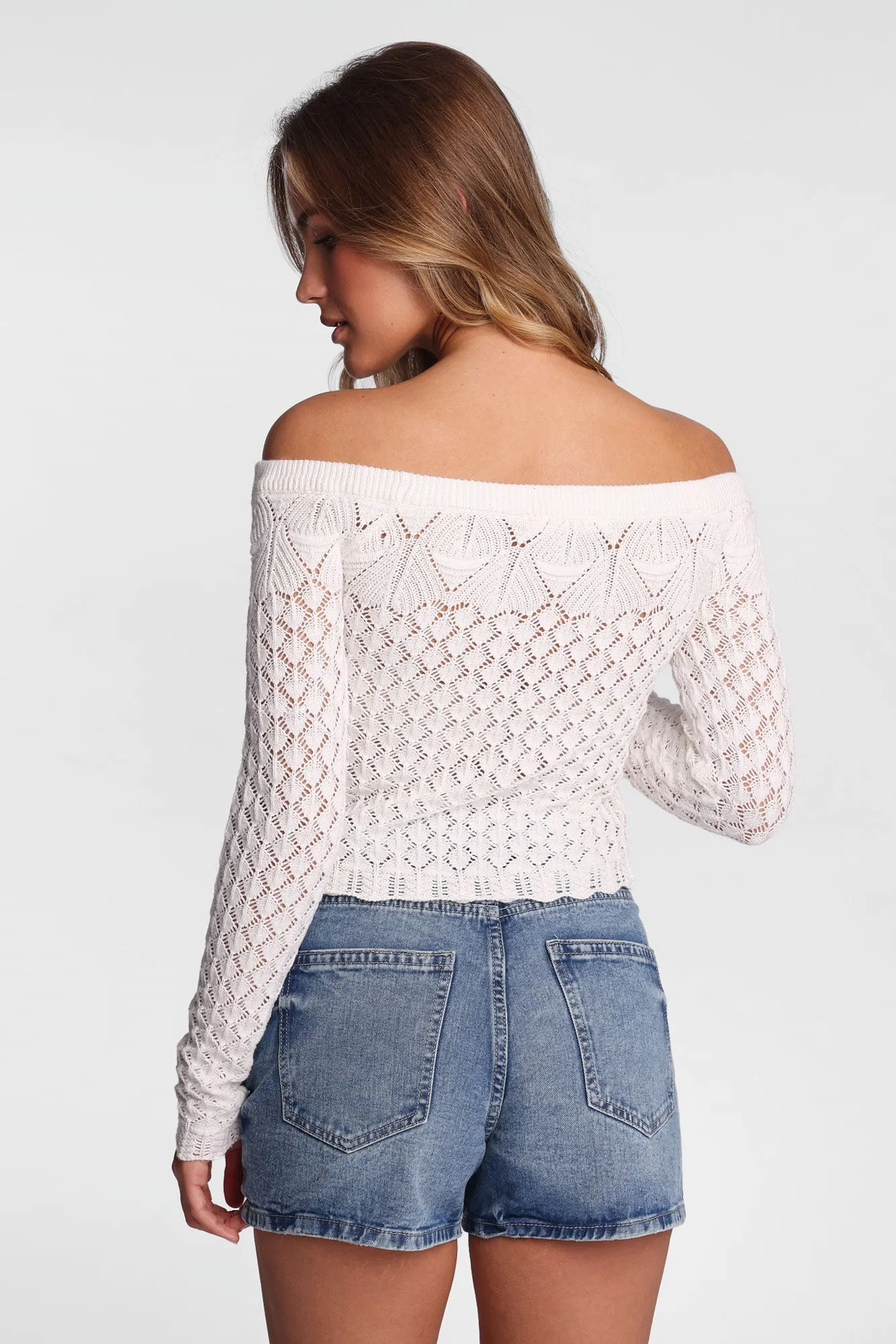 Crochet-Style Long Sleeve Off-Shoulder Top sold by Bluenotes product image thumbnail 3