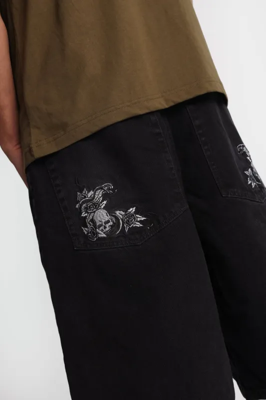 Roses Snake & Skull Embroidered Baggy Jorts made by Bluenotes
