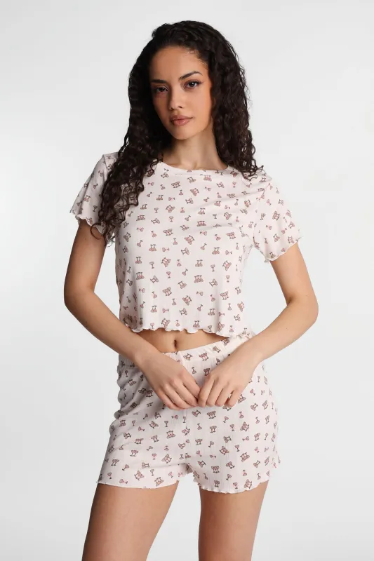 Graphic Pointelle Knit Pajama Tee & Shorts 2-Piece Set made by Bluenotes