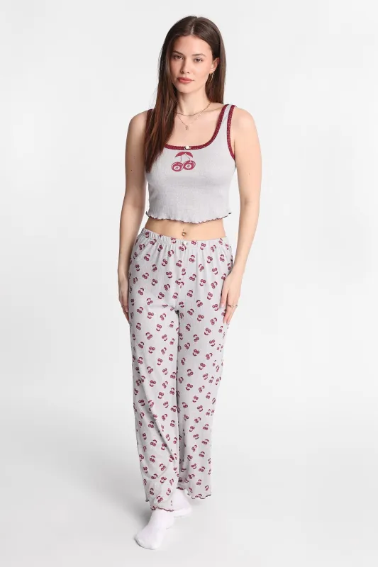 Graphic Pointelle Knit Pajama Tank Top & Pants 2-Piece Set made by Bluenotes