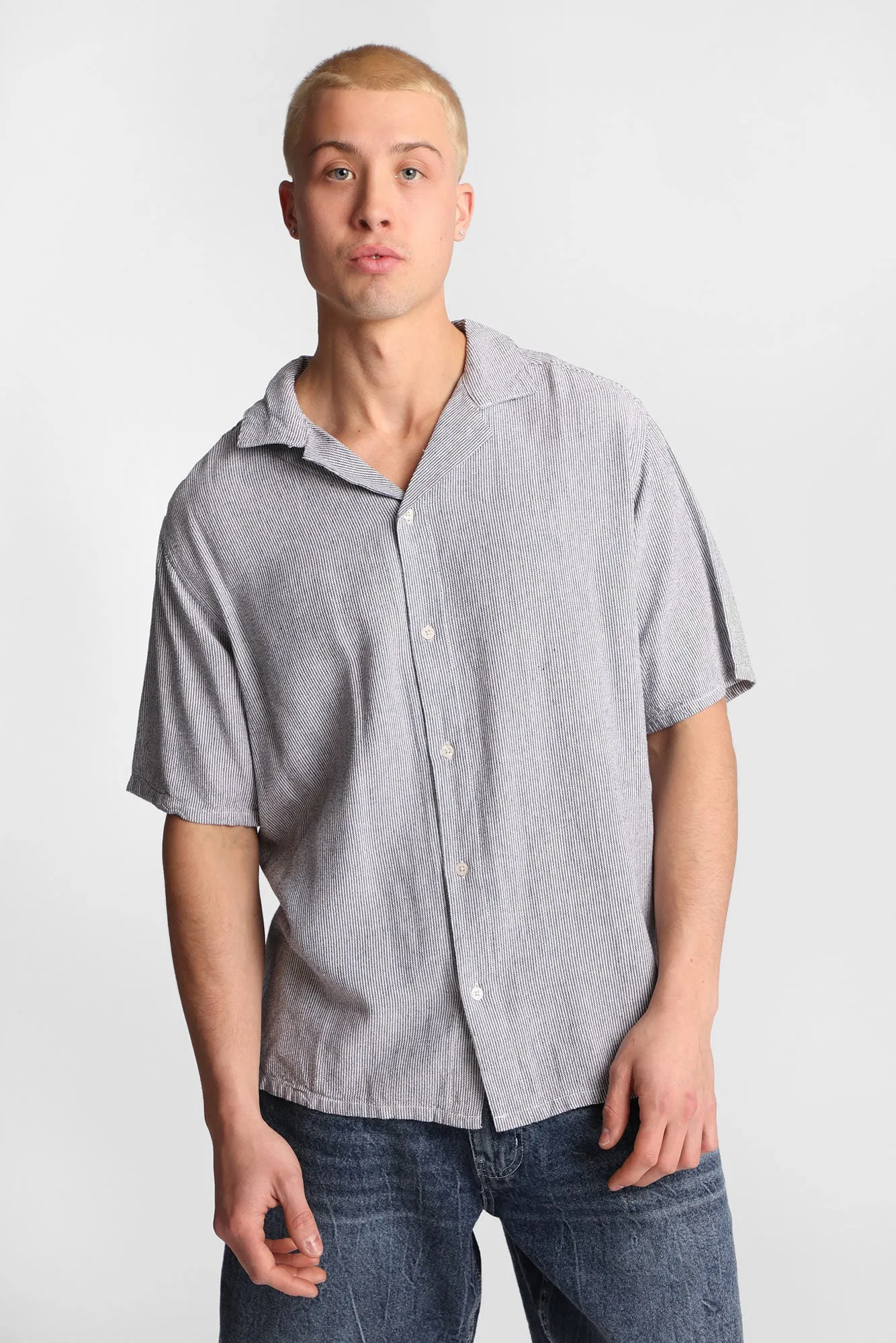 Linen-Blend Short Sleeve Button-Up Striped Shirt sold by Bluenotes