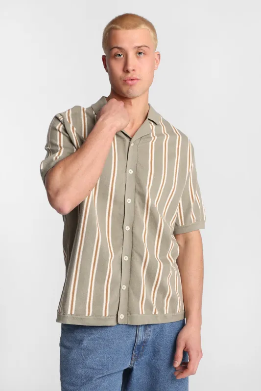 Reverse Knit Striped Short Sleeve Button-Up Shirt made by Bluenotes