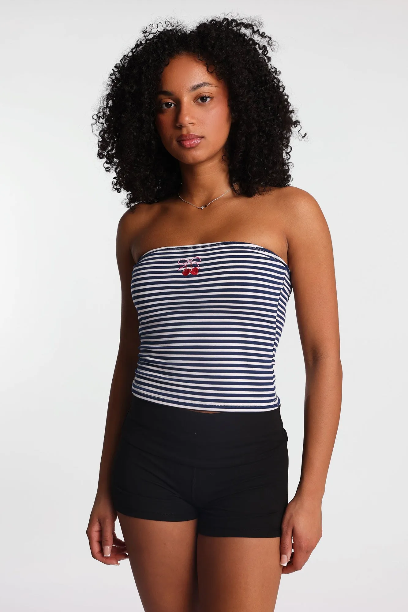 AERO Cherry & Bow Embroidered Graphic Striped Tube Top sold by Bluenotes