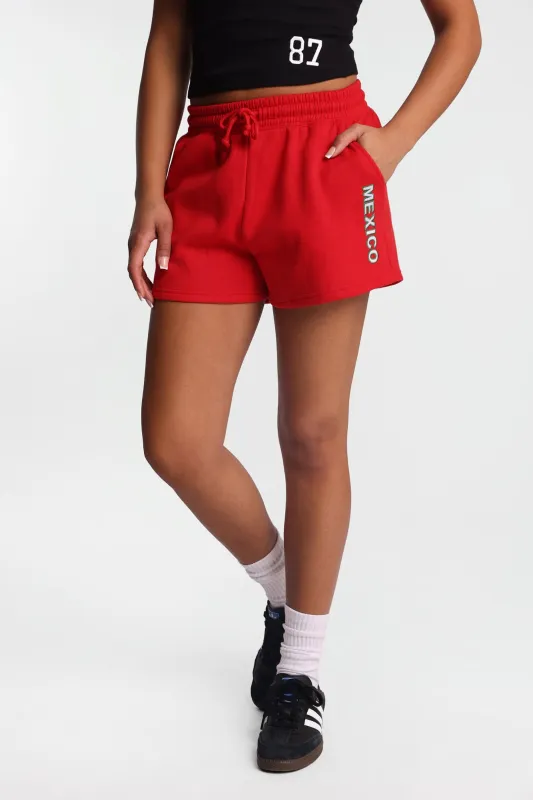 Mexico Embroidered Patch Slouchy Fleece Shorts made by Bluenotes