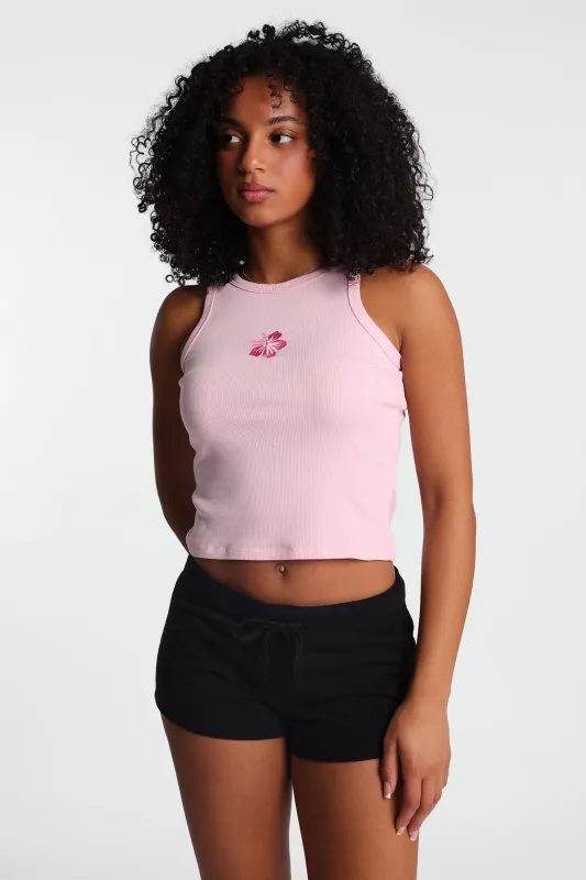 Hibiscus Embroidered Ribbed Knit High Neck Tank Top made by Bluenotes