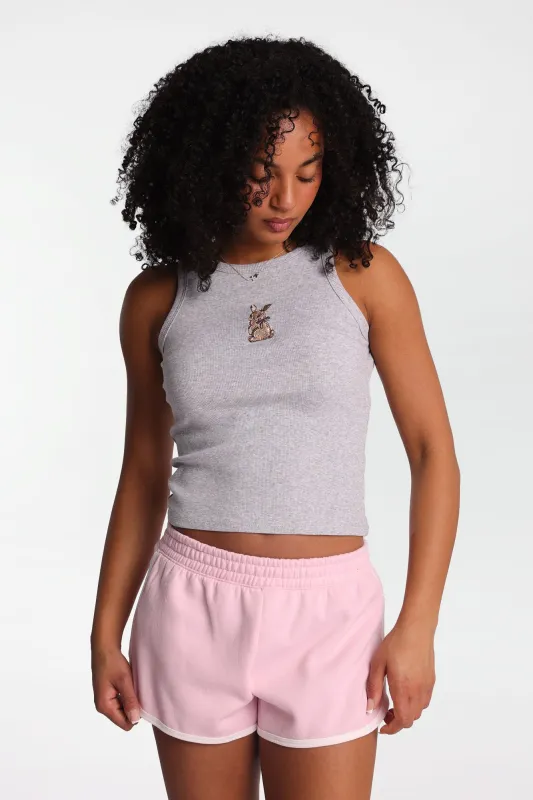 Bunny Embroidered Ribbed Knit High Neck Tank Top made by Bluenotes