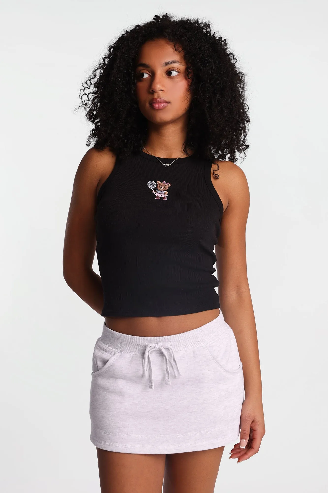 Tennis Bear Embroidered Ribbed Knit High Neck Tank Top sold by Bluenotes product image thumbnail 3
