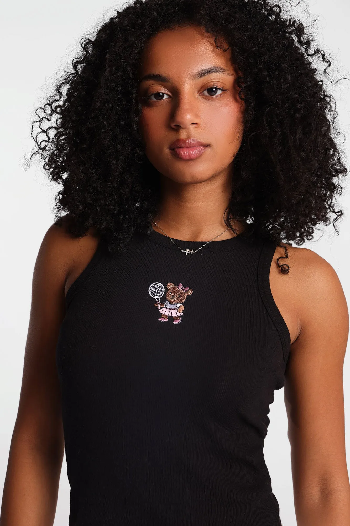 Tennis Bear Embroidered Ribbed Knit High Neck Tank Top sold by Bluenotes product image thumbnail 2