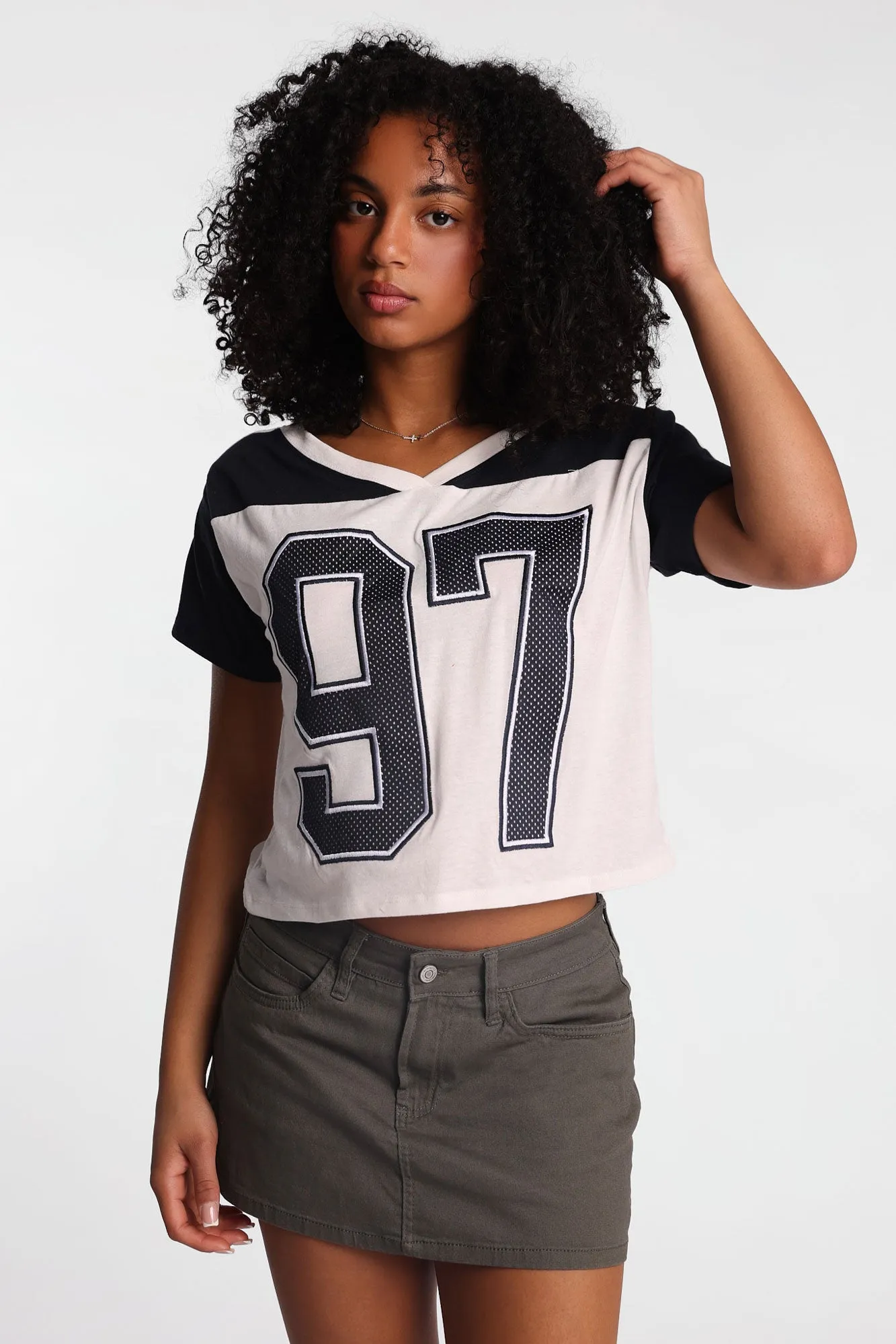 Graphic V-Neck Off-Shoulder Jersey Tee sold by Bluenotes