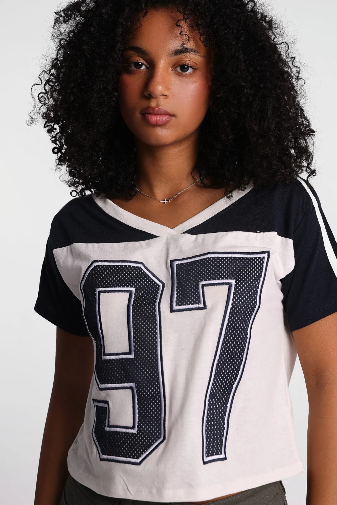 Graphic V-Neck Off-Shoulder Jersey Tee sold by Bluenotes product image thumbnail 2