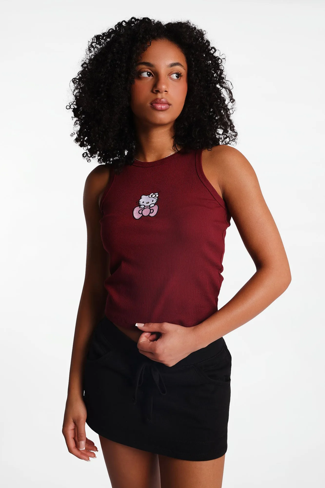 Hello Kitty Bow Embroidered Patch Graphic Ribbed Tank Top sold by Bluenotes