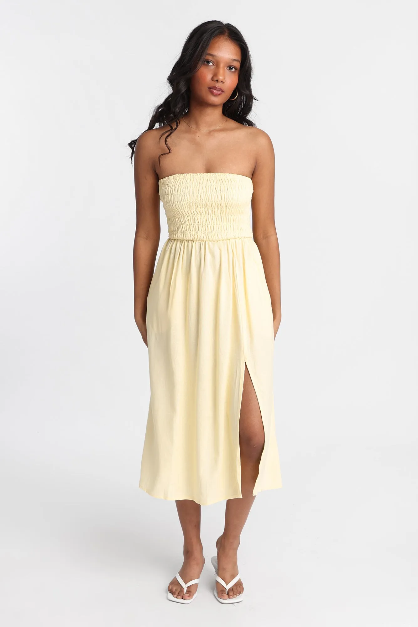 AERO Linen-Blend Strapless Midi Dress sold by Bluenotes