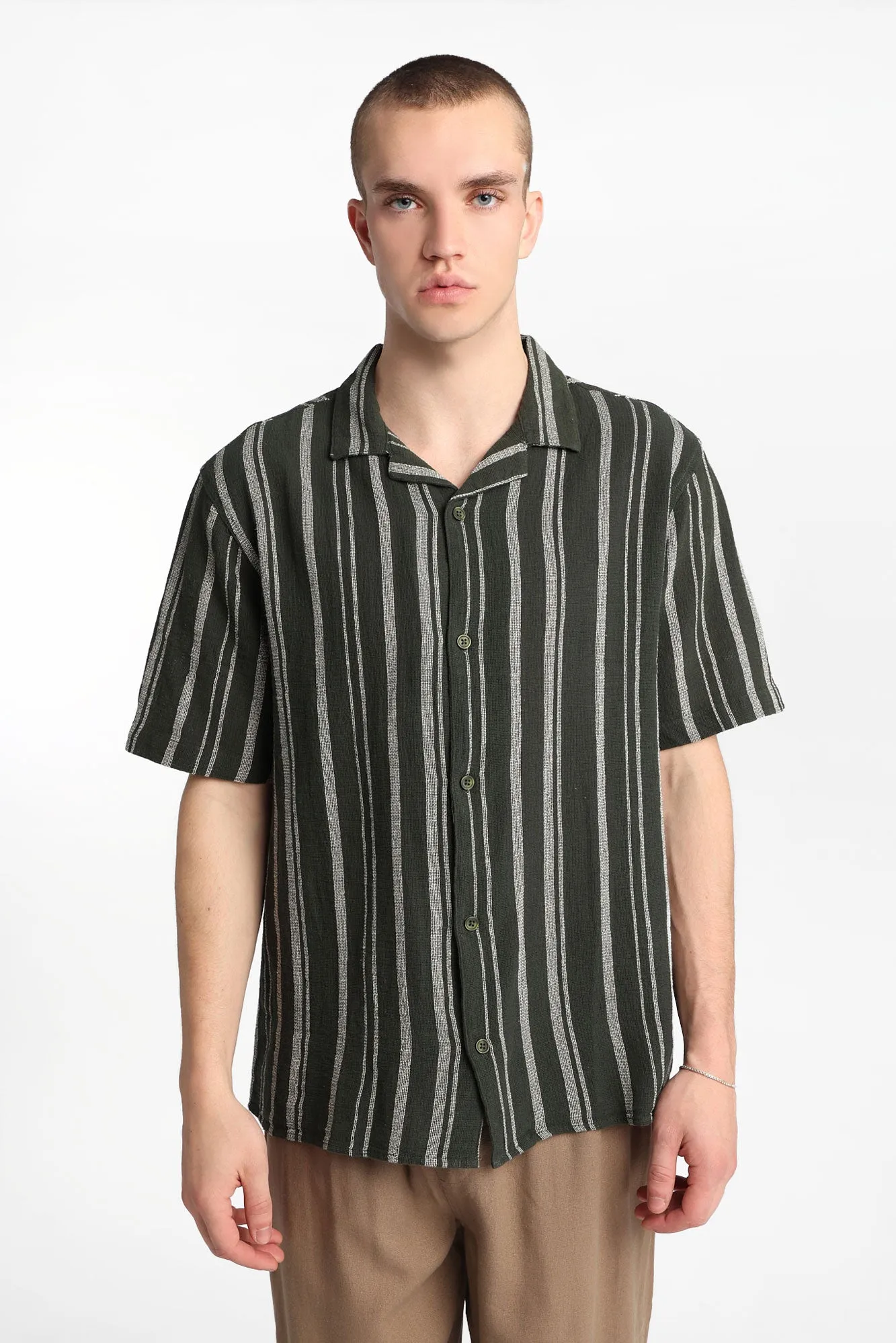 Striped Gauze Cotton Button-Up Shirt sold by Bluenotes