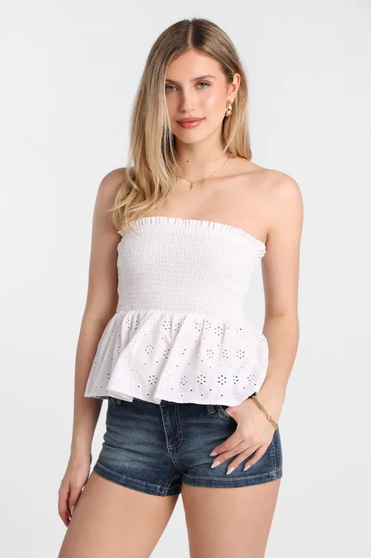 Cotton Eyelet Smocked Strapless Top made by Bluenotes