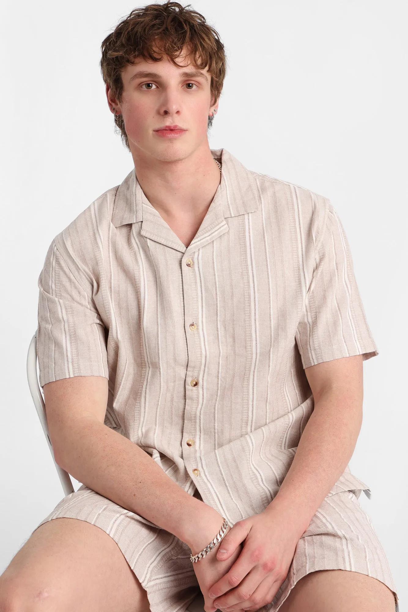 Textured Knit Multi-Striped Short Sleeve Button-Up Shirt sold by Bluenotes product image thumbnail 5