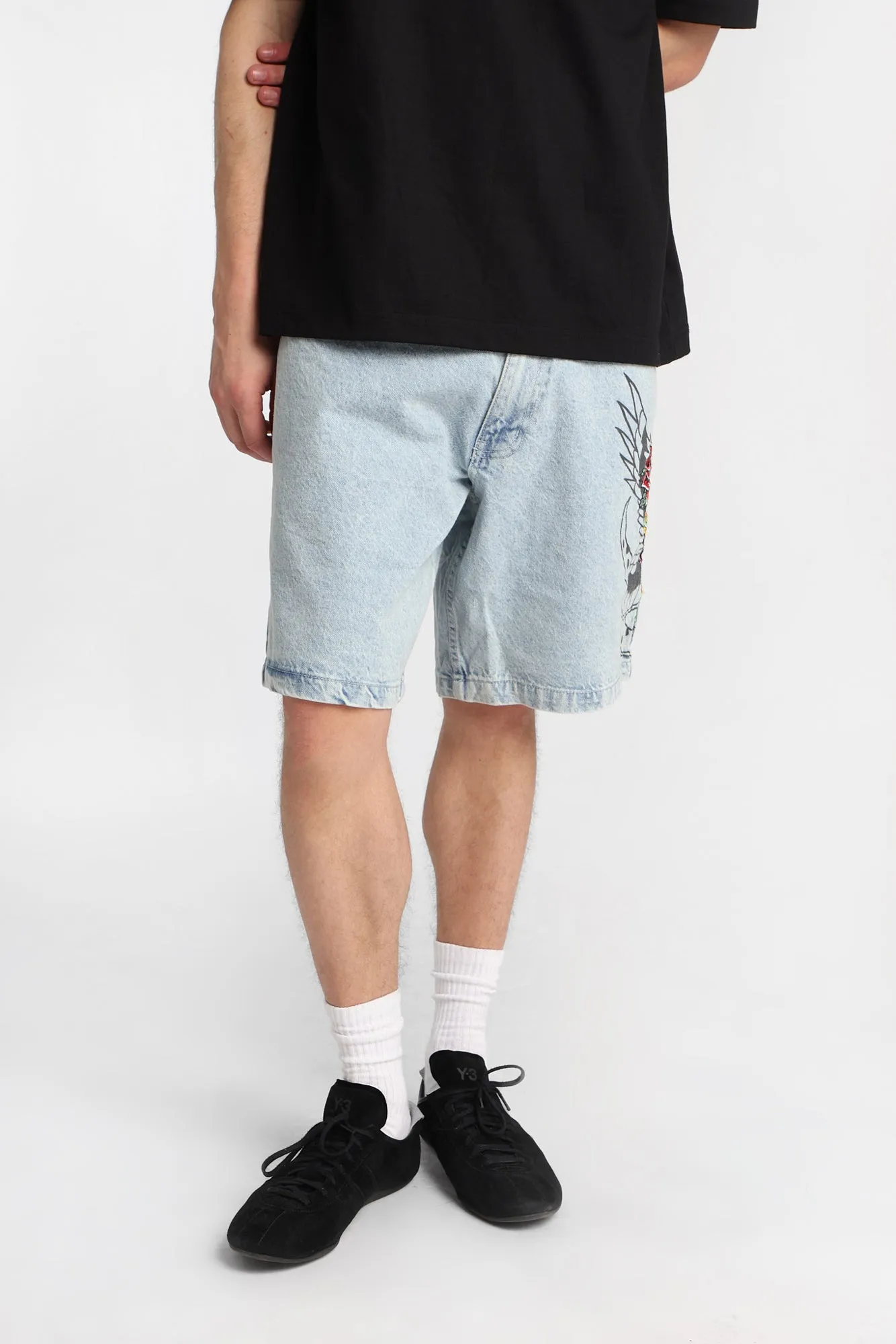 Skull Sword Cobra & Rose Embroidered Loose Denim Shorts sold by Bluenotes product image thumbnail 2