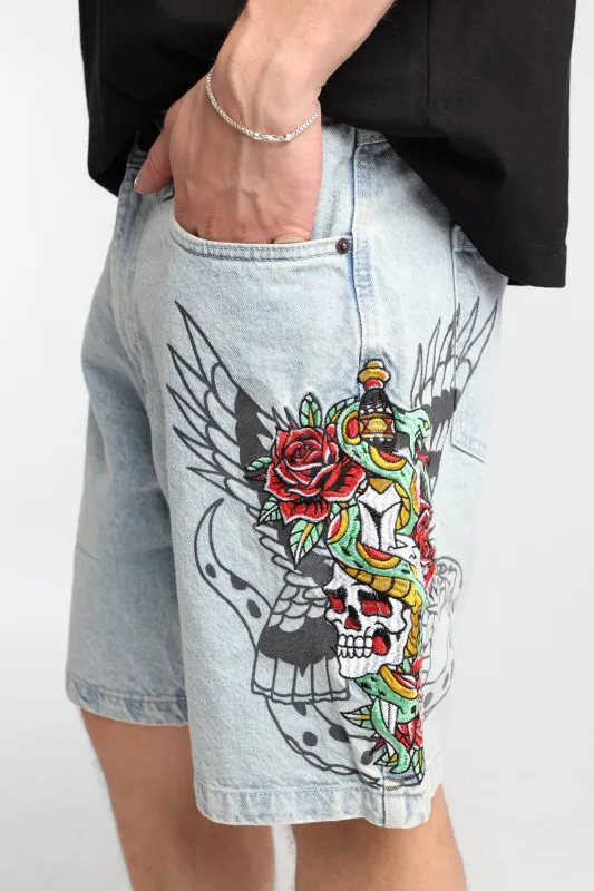 Skull Sword Cobra & Rose Embroidered Loose Denim Shorts made by Bluenotes