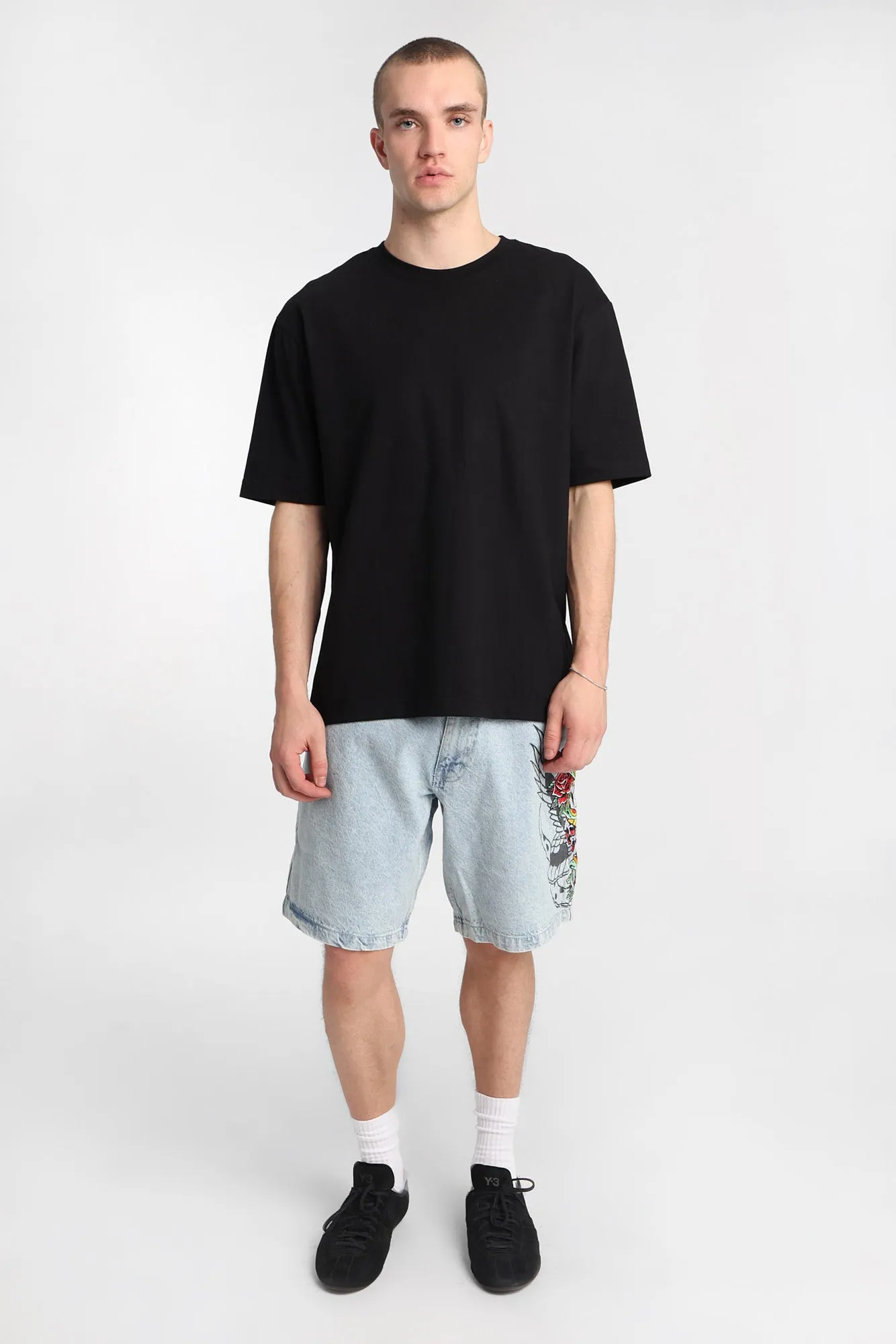 Skull Sword Cobra & Rose Embroidered Loose Denim Shorts sold by Bluenotes product image thumbnail 4
