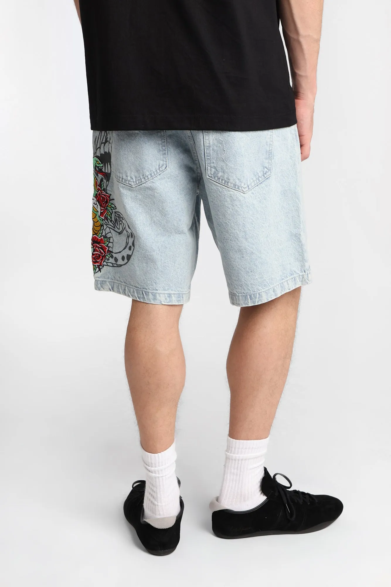 Skull Sword Cobra & Rose Embroidered Loose Denim Shorts sold by Bluenotes product image thumbnail 3