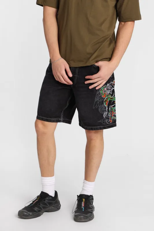 Flaming Snake & Panther Embroidered Loose Denim Shorts made by Bluenotes