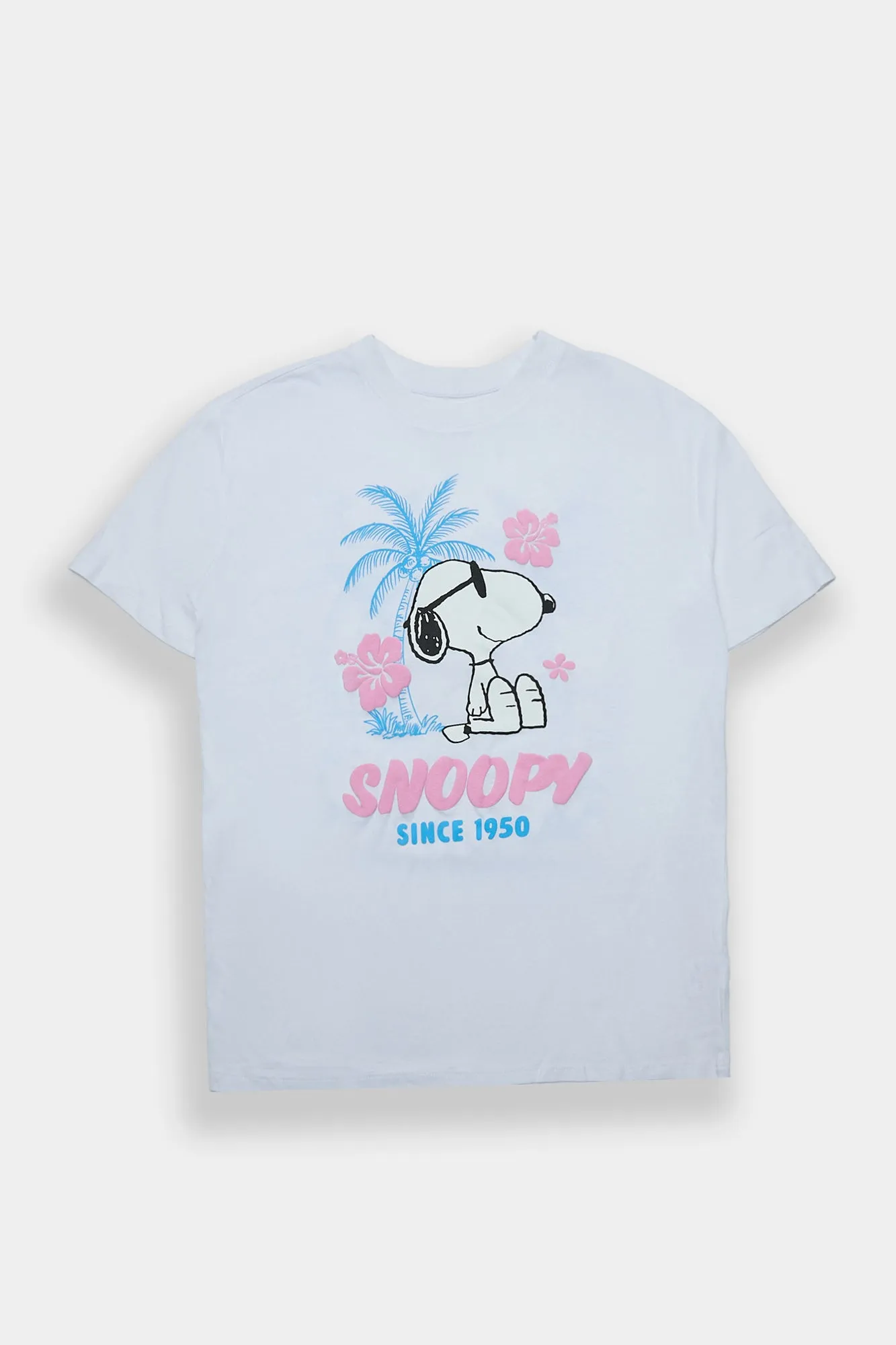 Peanuts Snoopy Since 1950 Hibiscus Graphic Boyfriend Tee sold by Bluenotes