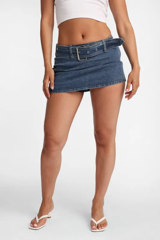 Mid Rise Belted Micro Denim Skort made by Bluenotes