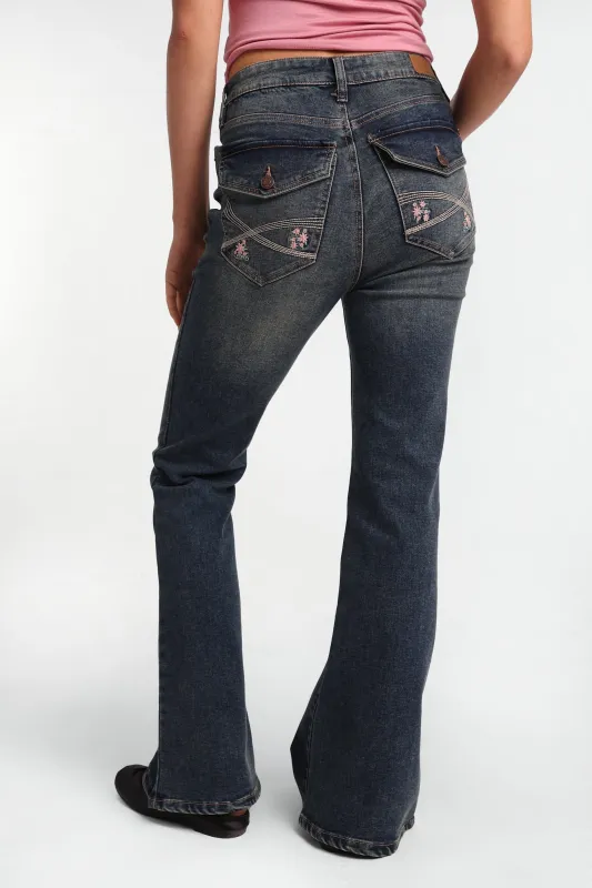 Floral Embroidered Isla High Rise Flare Jeans made by Bluenotes