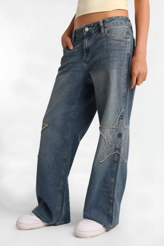 Chloe Star Embroidered Low Rise Baggy Jeans made by Bluenotes