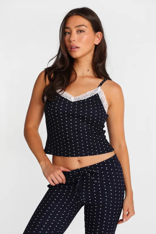 Waffle Knit Lace Trim Pajama Tank Top made by Bluenotes