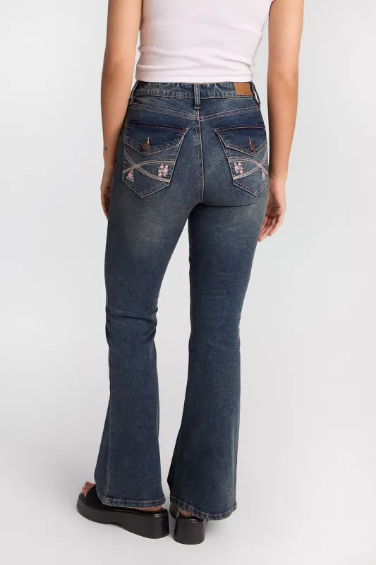 Isla Floral Embroidered High Rise Flare Jeans made by Bluenotes