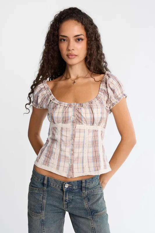 AERO Poplin Short Puff Sleeve Scoop Neck Button-Up Top made by Aeropostale