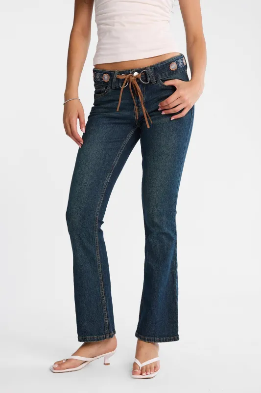 Belted Low Rise Bootcut Jeans made by Bluenotes