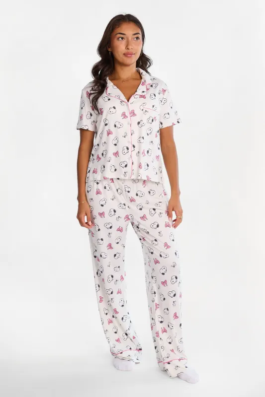 Peanuts Snoopy Bow Graphic Super Soft Pajama Dad Shirt & Pants 2-Piece Set made by Bluenotes