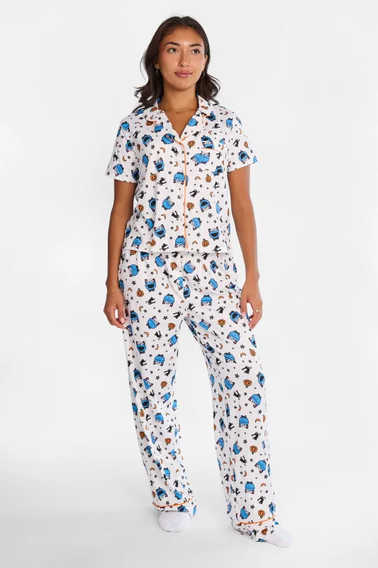 Cookie Monster Halloween Graphic Super Soft Pajama Dad Shirt & Pants 2-Piece Set made by Bluenotes