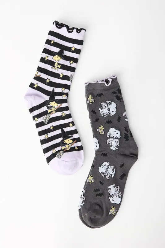 Peanuts Snoopy & Woodstock Halloween Bats Brooms Stars Crew Socks 2-Pack made by Bluenotes