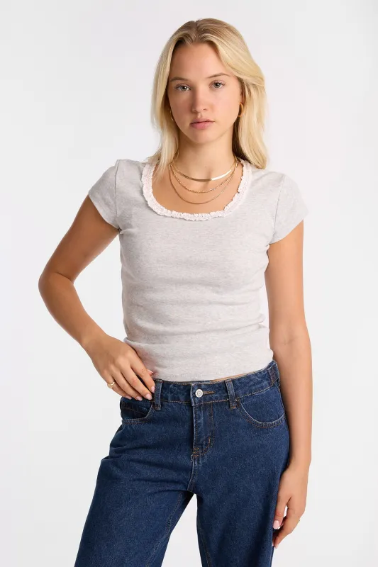 AERO Short Sleeve Scoop Neck Lace Trim Top made by Aeropostale