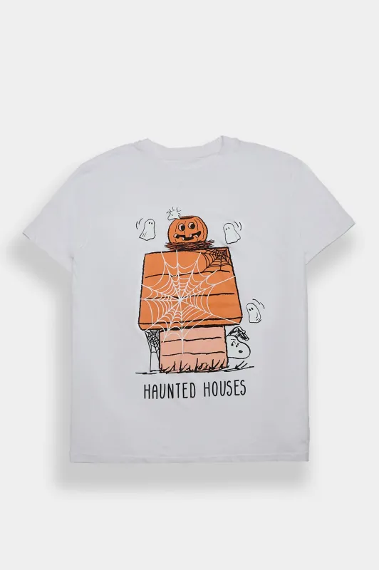 Peanuts Snoopy Haunted Houses Puff Print Graphic Boyfriend Tee made by Bluenotes