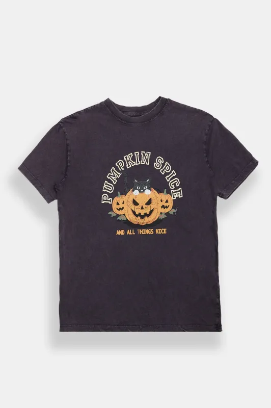 Pumpkin Spice And All Things Nice Graphic Acid Wash Boyfriend Tee made by Bluenotes