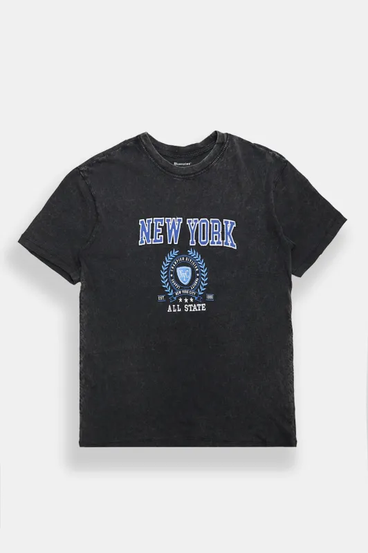 New York City Crest Graphic Acid Wash Boyfriend Tee made by Bluenotes