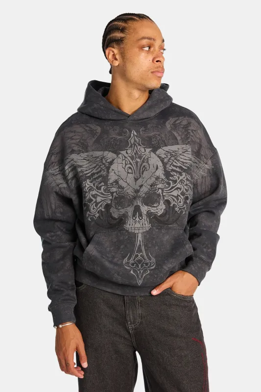 Arsenic Winged Cross Graphic Washed Boxy Hoodie made by Bluenotes