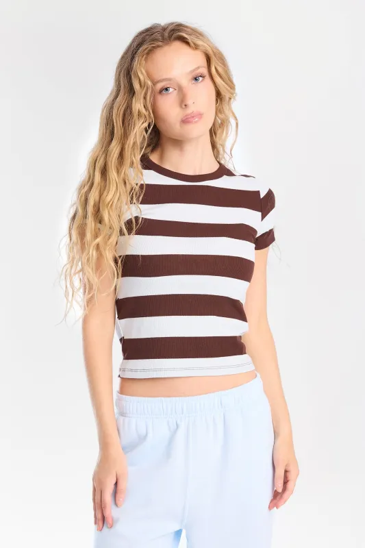 Ribbed Knit Striped Crew Neck Tee made by Bluenotes