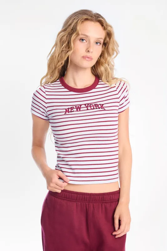 New York Embroidered Ribbed Knit Striped Crew Neck Tee made by Bluenotes
