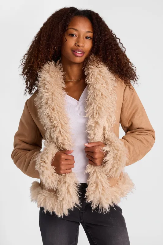 Faux-Suede Jacket With Faux-Fur Lined Lapel made by Bluenotes