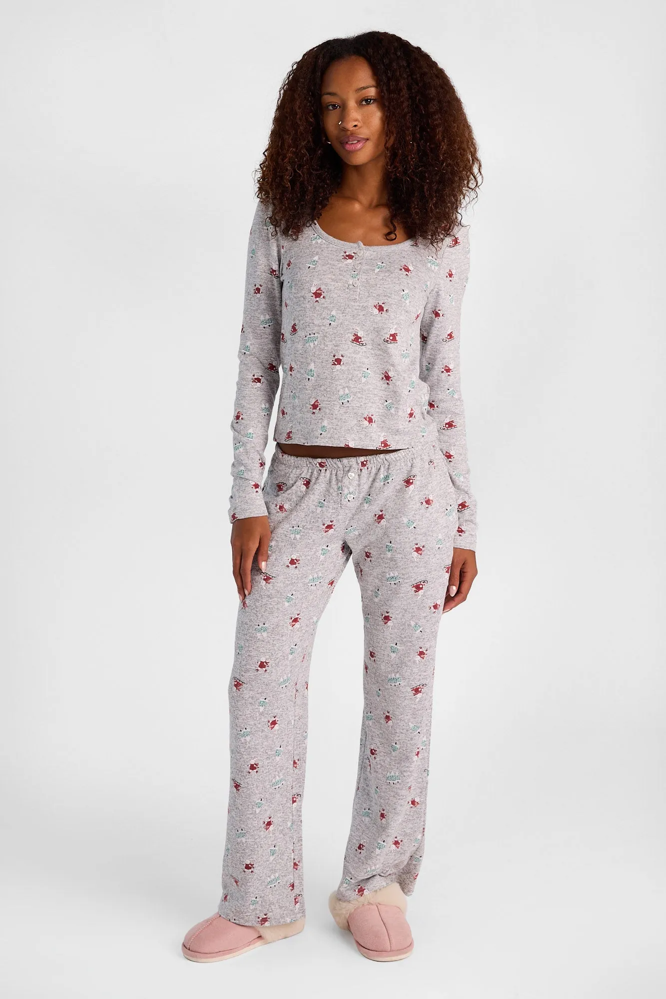 Holiday Graphic Super Soft Henley Pajama Top & Wide Leg Pajama Pants 2-Piece Set sold by Bluenotes