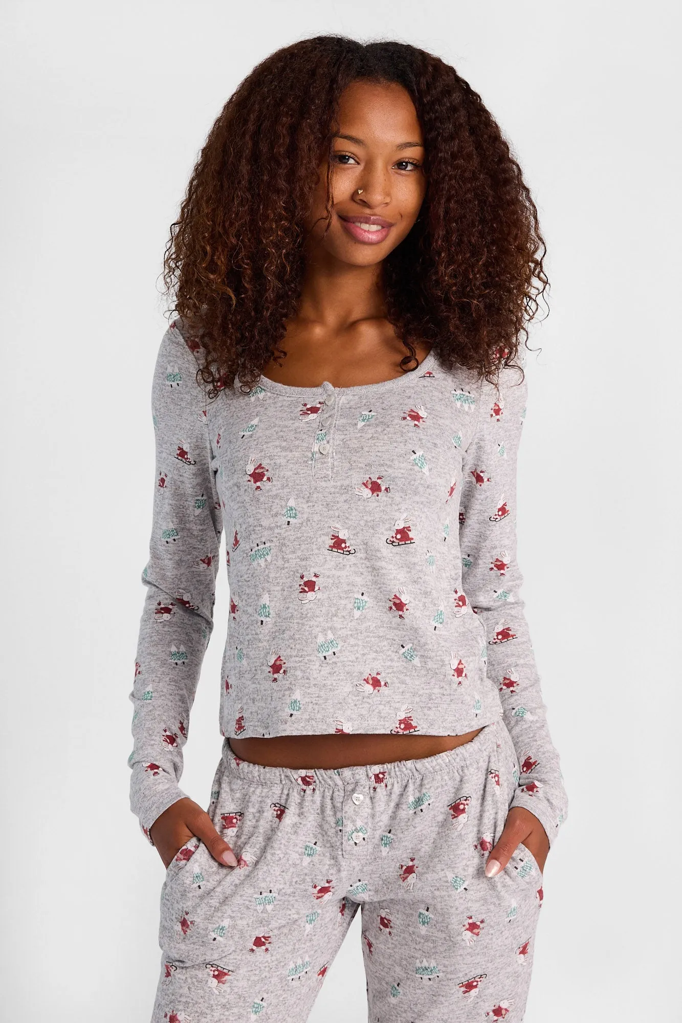 Holiday Graphic Super Soft Henley Pajama Top & Wide Leg Pajama Pants 2-Piece Set sold by Bluenotes product image thumbnail 2