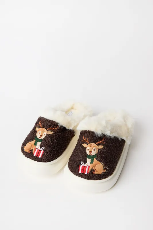 Deer Holiday Faux-Shearling Scuff Plush Slippers made by Bluenotes