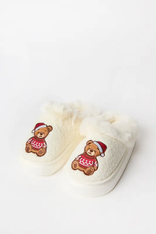 Holiday Bear Faux-Shearling Scuff Plush Slippers made by Bluenotes