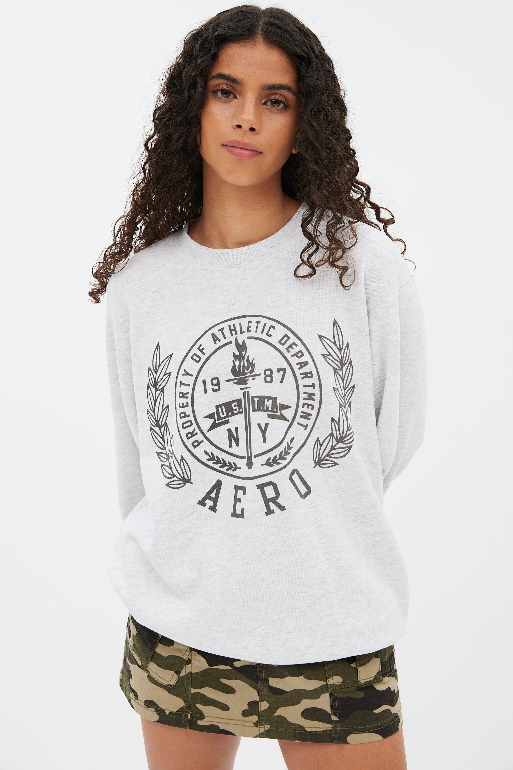 AERO Crest Graphic Crew Neck Boyfriend Pullover Sweatshirt sold by Bluenotes
